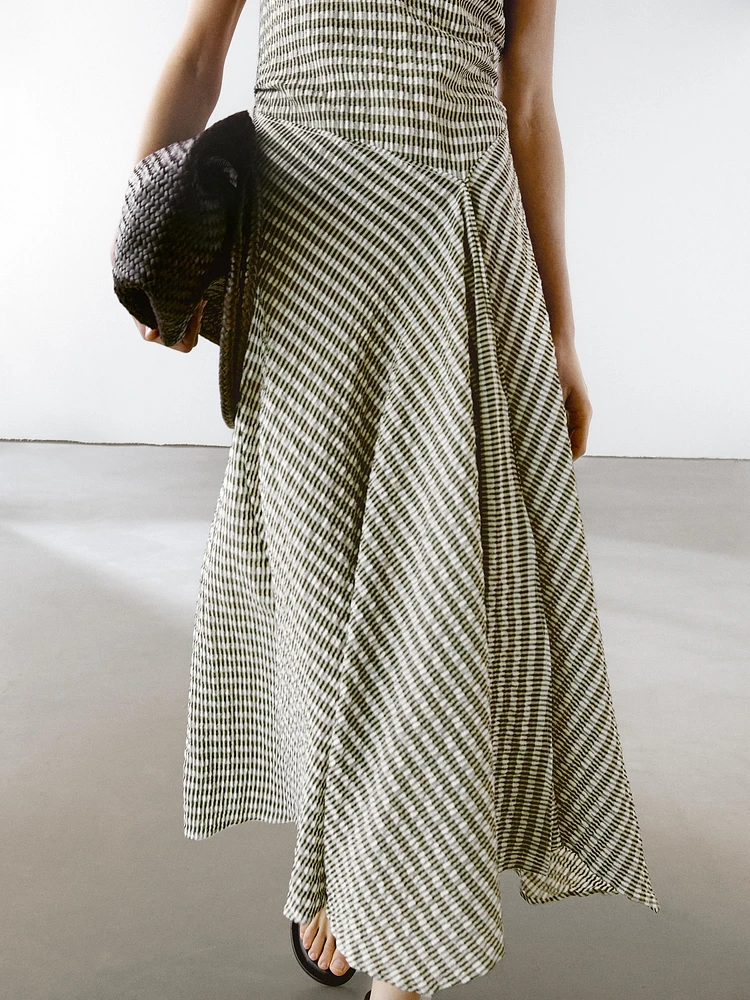 Long check cotton flounce dress