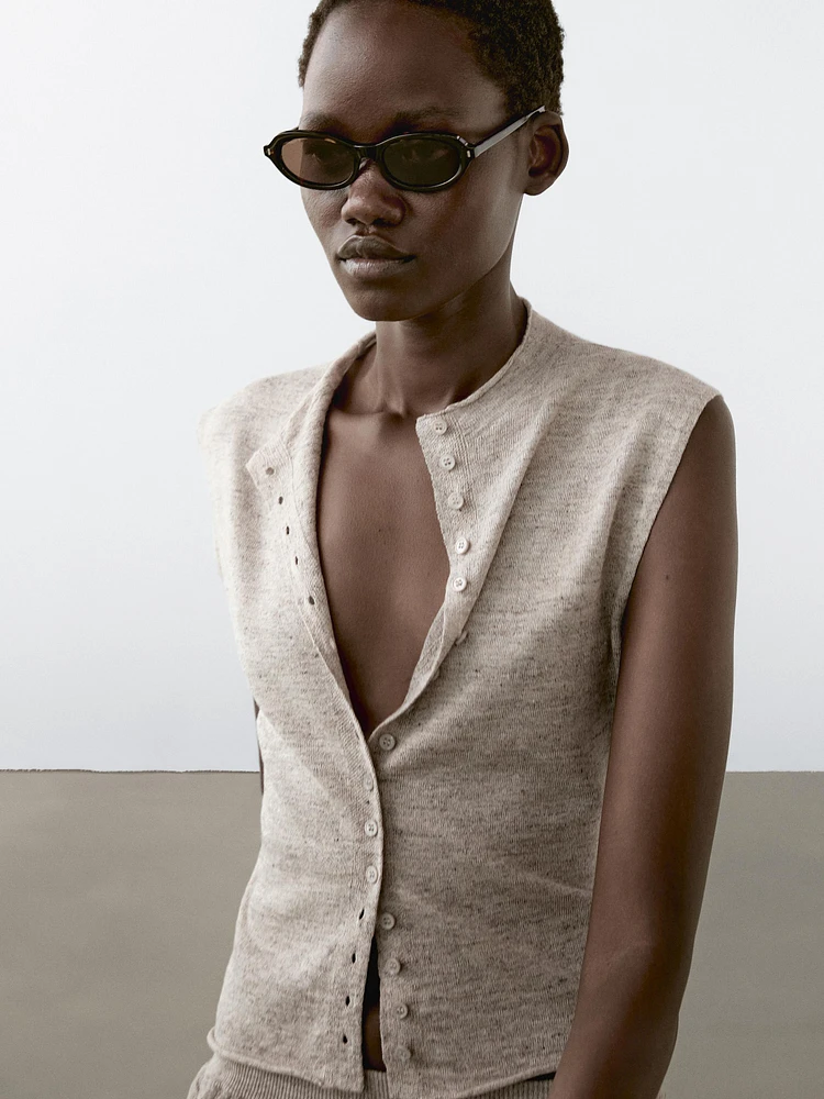 Melange linen blend knit vest