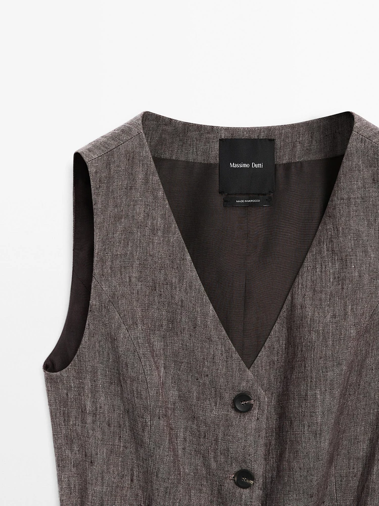 Veste sans manches chinée avec nœud en lin