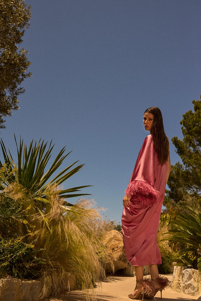 FEATHERED SATIN LONG DRESS