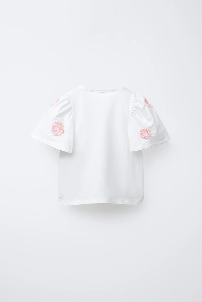 BLOUSE EN MATIÈRES VARIÉES FLEURS BRODÉES