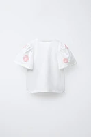 BLOUSE EN MATIÈRES VARIÉES FLEURS BRODÉES