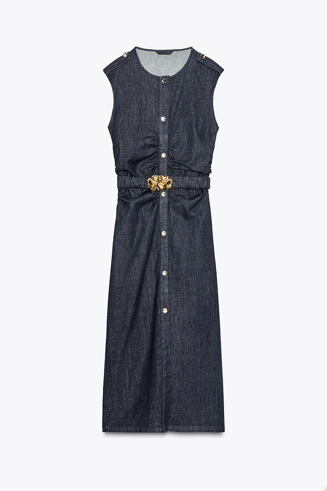 Z1975 BELTED DRAPED DENIM MIDI DRESS