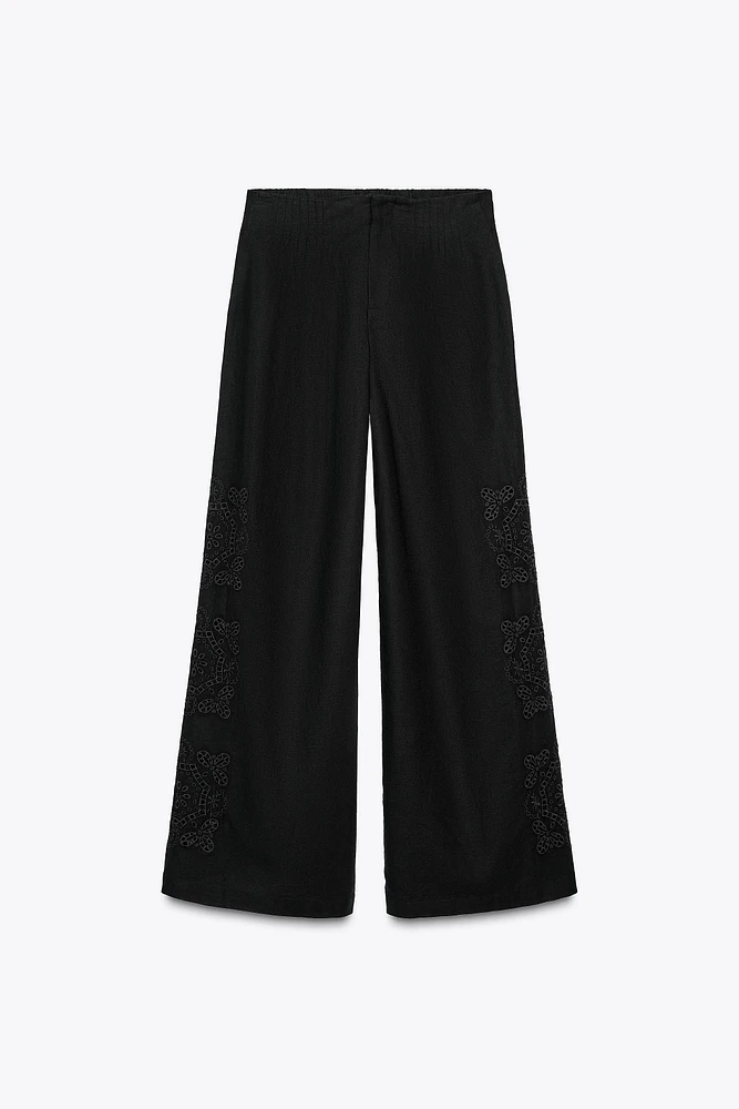 MULTI-PLEAT EMBROIDERED PANTS