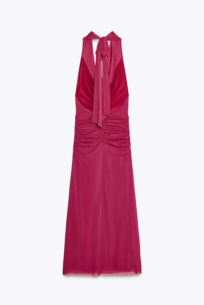 DRAPED HALTER TULLE DRESS