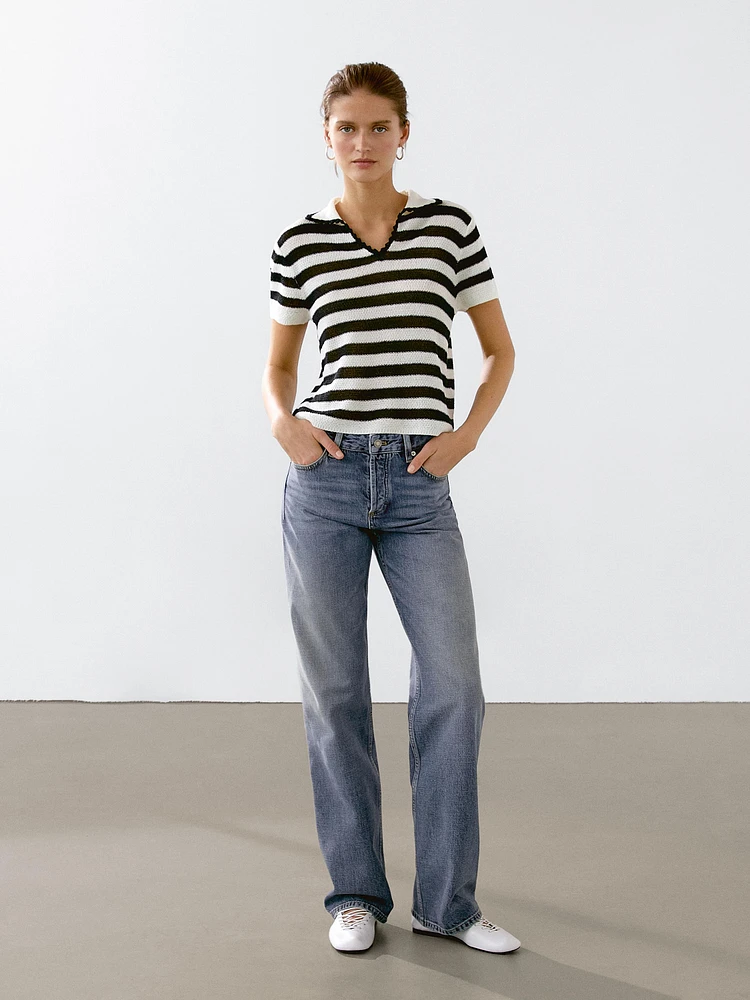Striped cotton blend polo sweater