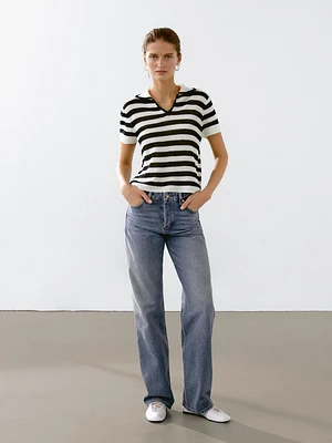 Striped cotton blend polo sweater