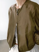 Veste bomber effilochée en lin et soie
