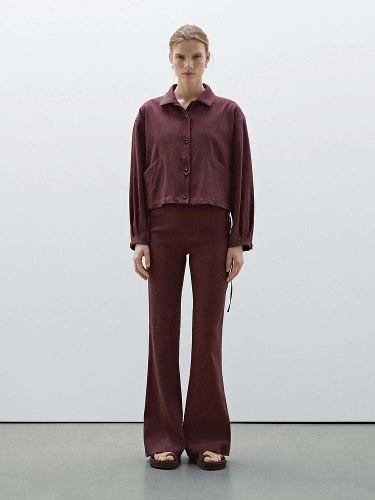 Flowing linen blend flared trousers