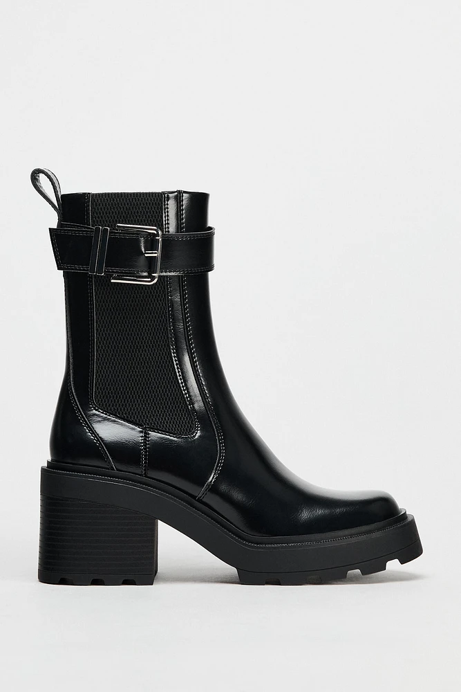 BUCKLED HIGH HEELED CHELSEA ANKLE BOOTS