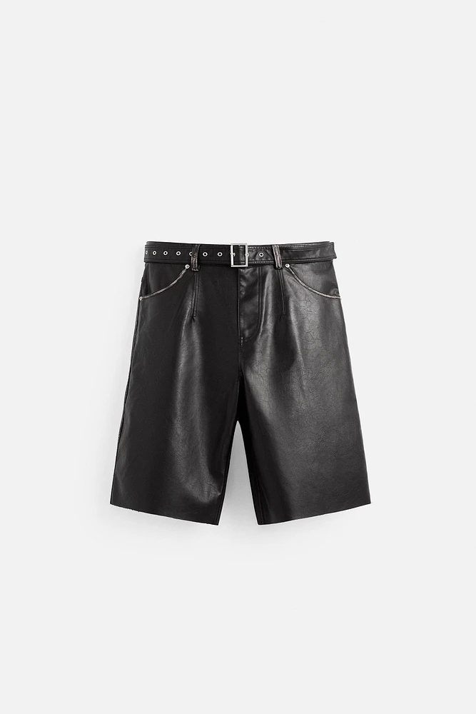 FAUX LEATHER BELTED SHORTS