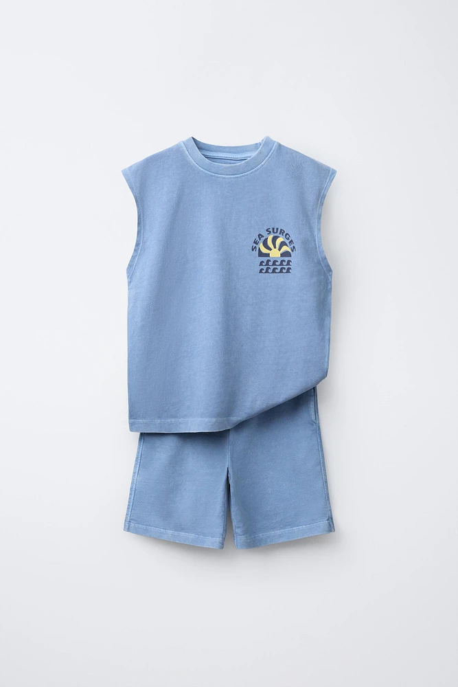 GARMENT DYE SLEEVELESS T-SHIRT AND BERMUDA SET