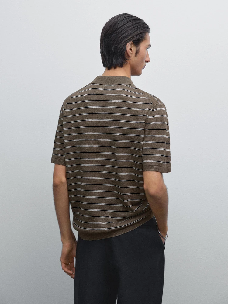 100% linen striped knit polo shirt