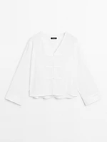 Flowing linen blend kimono-style blouse