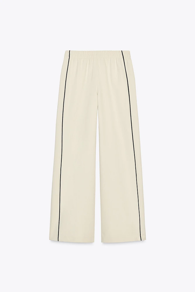 CONTRASTING PIPED TRIM WIDE-LEG PANTS