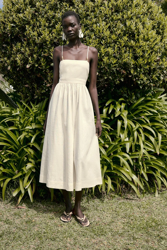 ROBE MIDI AVEC LIN BRETELLES FANTAISIE