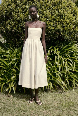 ROBE MIDI AVEC LIN BRETELLES FANTAISIE