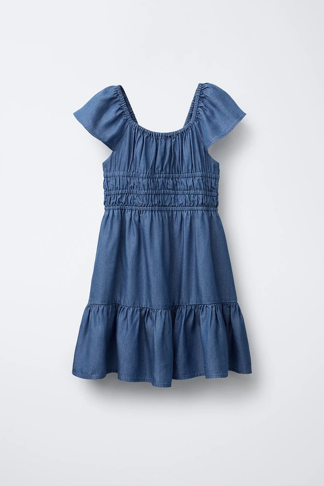 FLOWY ELASTIC TRIM DENIM DRESS
