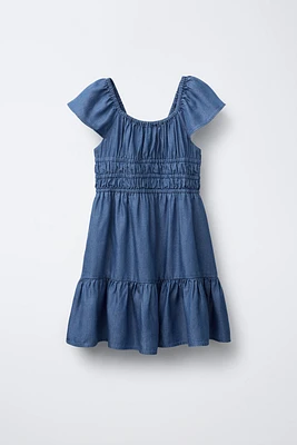 FLOWY ELASTIC TRIM DENIM DRESS