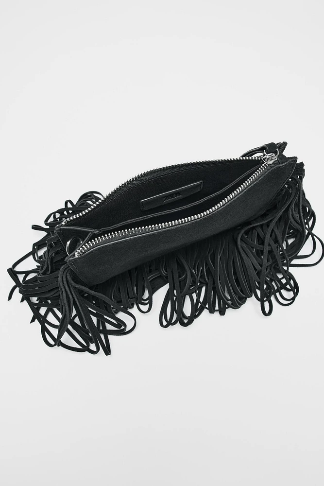 FRINGED SPLIT LEATHER MINI CROSSBODY BAG