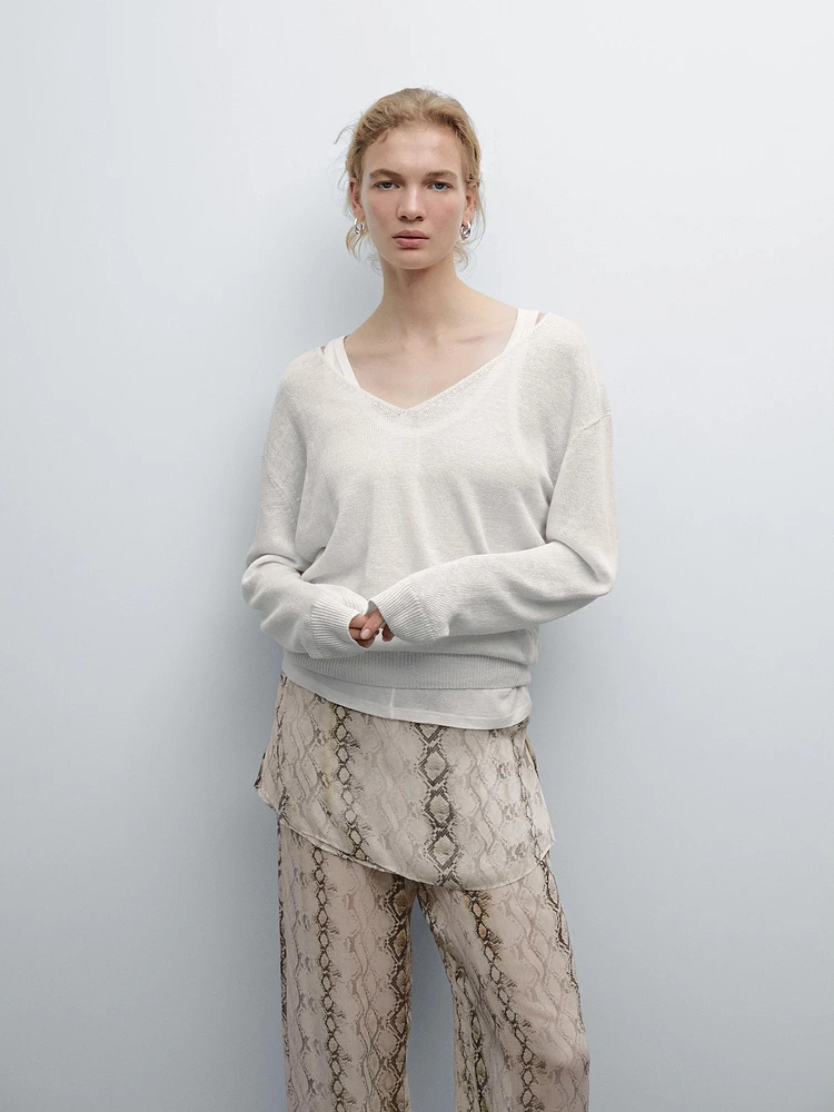 100% linen knit V-neck sweater
