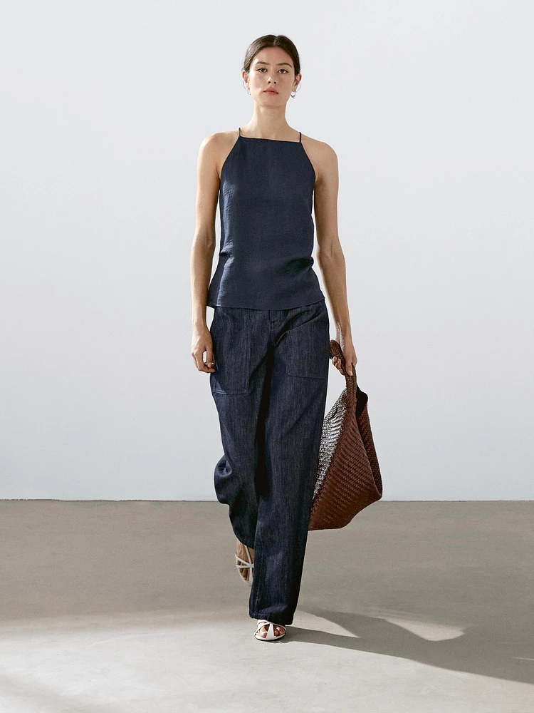 Wide leg denim trousers