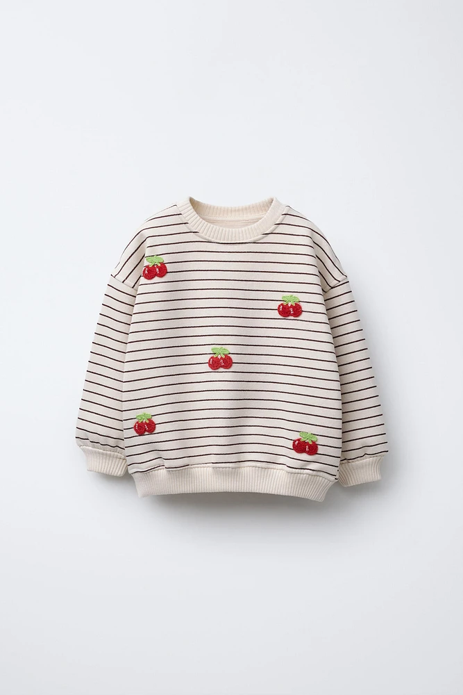 EMBROIDERED CHERRY STRIPE SWEATSHIRT