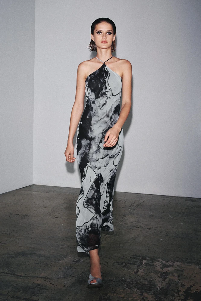 BEADED TIE-DYE HALTER DRESS