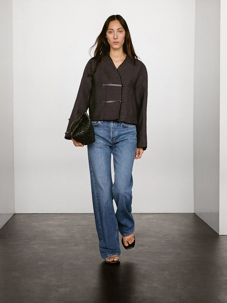 Veste fermeture fantaisie cuir et lin