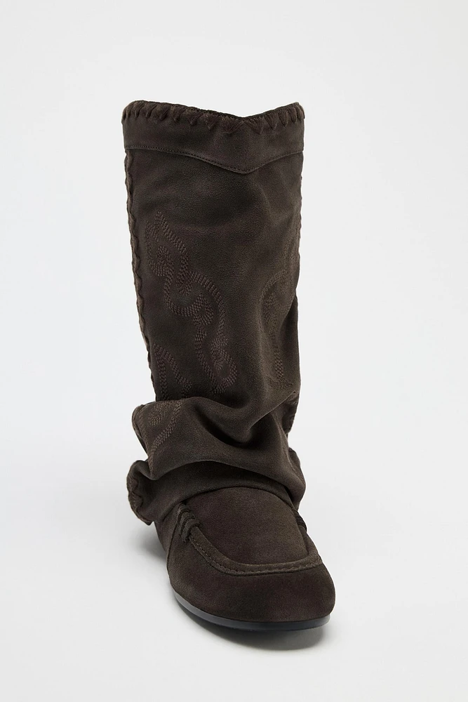 SPLIT LEATHER EMBROIDERED FLAT ANKLE BOOTS