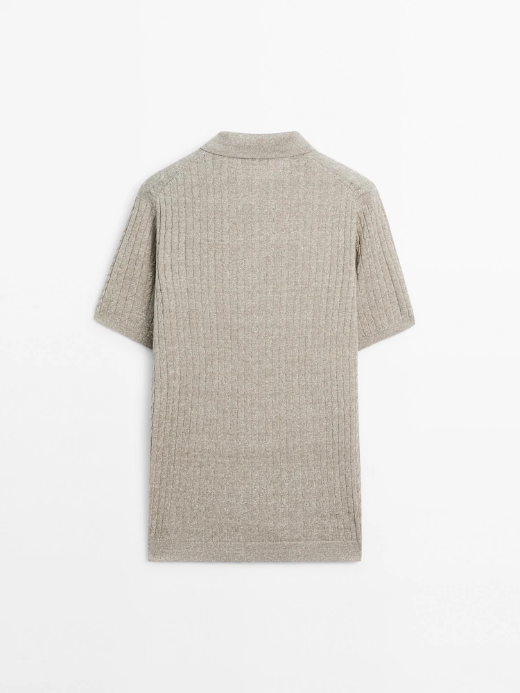 Cotton and linen blend knit polo sweater