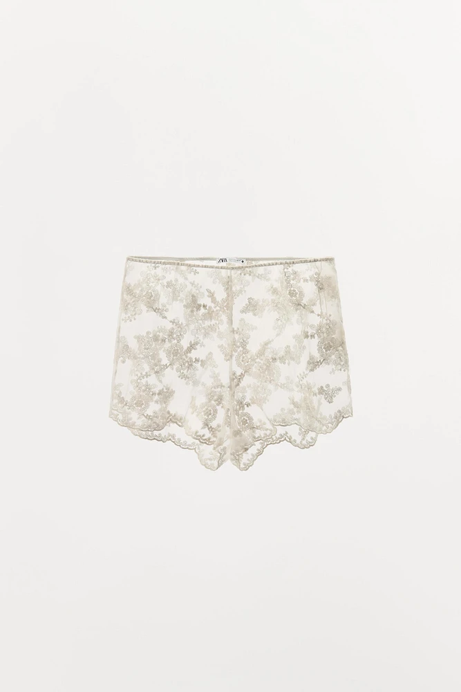 EMBROIDERED ORGANZA SHORTS