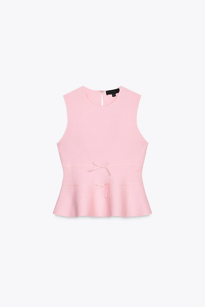 TIE-DETAIL PEPLUM KNIT TOP