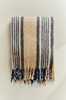BRUSHED BLANKET WITH CENTRAL STRIPES AND FRINGING