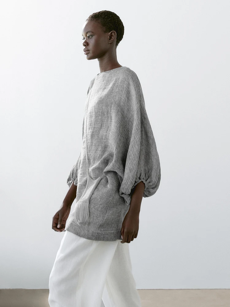 Short dress with sleeve detail, 100% linen