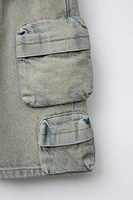BERMUDA EN DENIM EFFET DÉLAVÉ MULTICARGO
