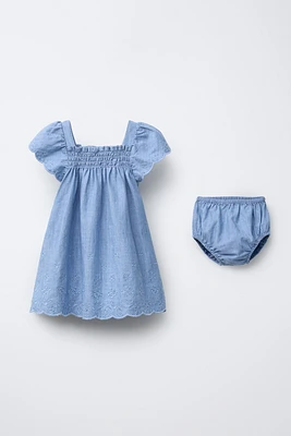 FLOWY DENIM EMBROIDERED DRESS AND PANTIES