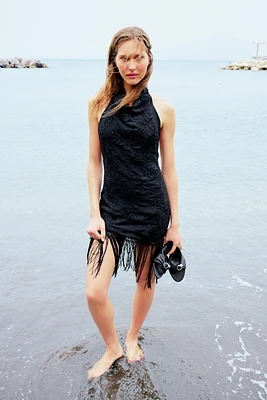 HALTER DRESS WITH EMBROIDERY AND FRINGE