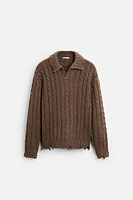 FRAYED EFFECT CABLE KNIT POLO