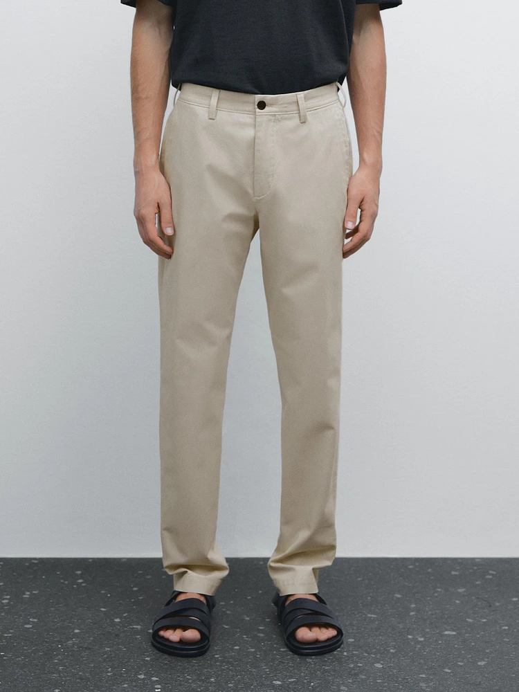 Cotton blend slim fit canvas trousers