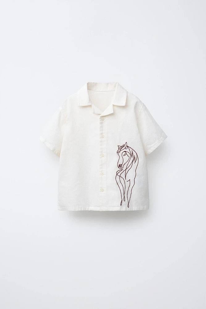 LINEN BLEND EMBROIDERED HORSE SHIRT