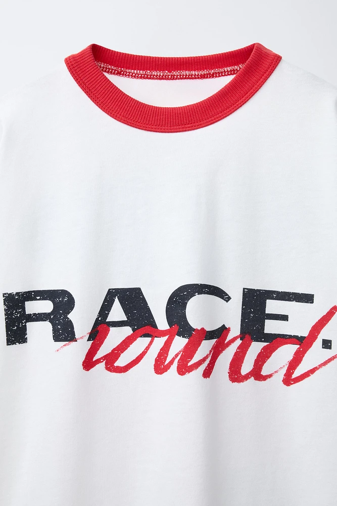 TEXT PRINT T-SHIRT WITH TRIM DETAIL