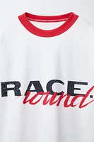 TEXT PRINT T-SHIRT WITH TRIM DETAIL
