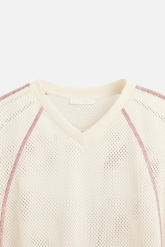 CONTRAST OPEN WEAVE T-SHIRT