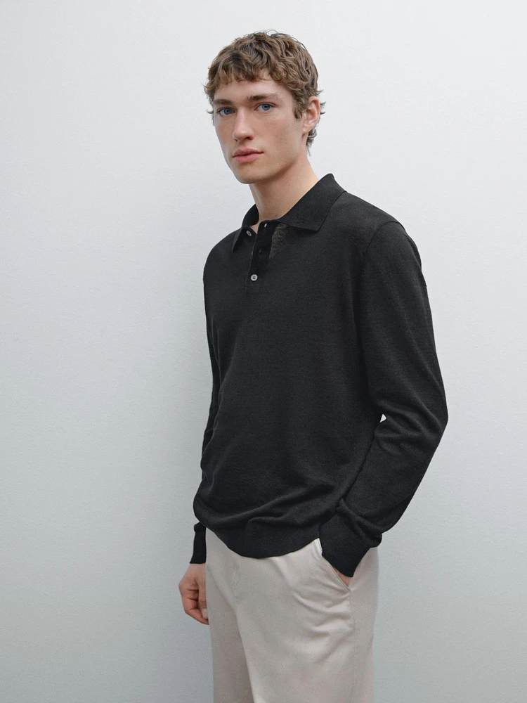 Linen polo collar knit sweater