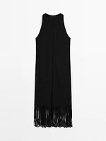 Textured knit dress with fringed hem