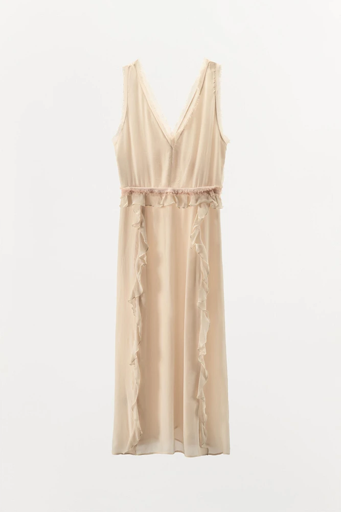 ROBE MI-LONGUE EFFRANGÉE À VOLANTS