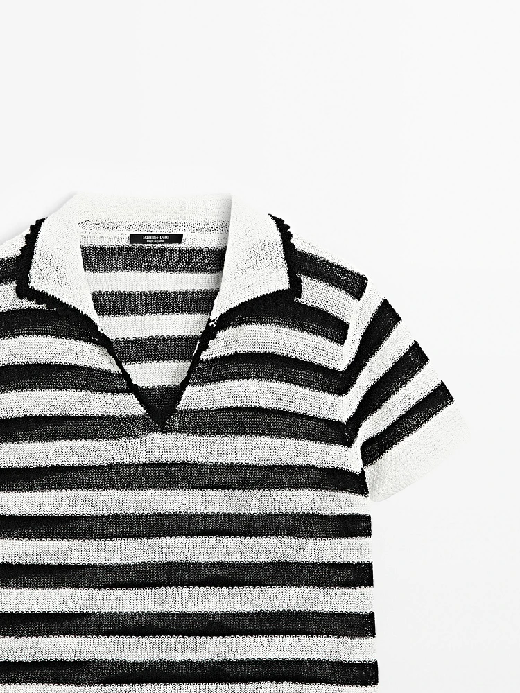 Striped cotton blend polo sweater