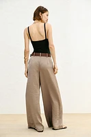 BELTED SATIN WIDE LEG PANTS