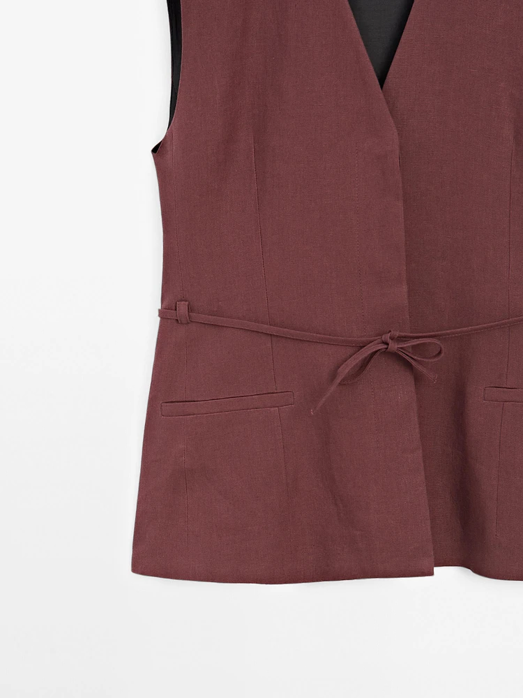 Veste longue sans manches rubans 100 % lin